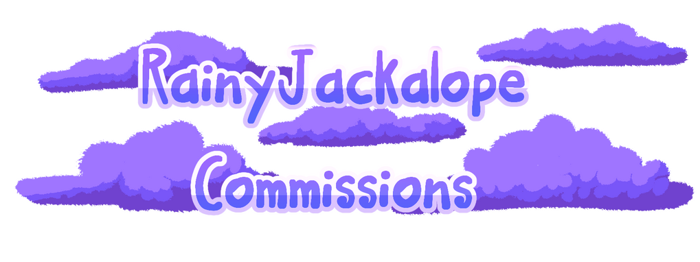 A logo surrounded by drawn purple clouds that says "RainyJackalope Commissions".